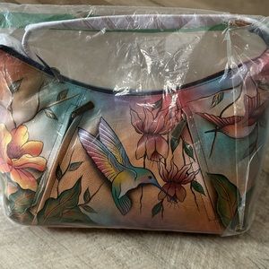 ANUSCHKA hand painted genuine leather purse. Floral and Hummingbird design.